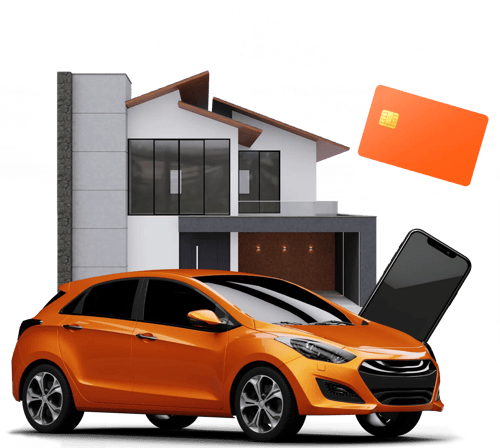 Ilustração de objetivos financeiros: uma casa, um carro, um cartão de crédito e um celular novo.